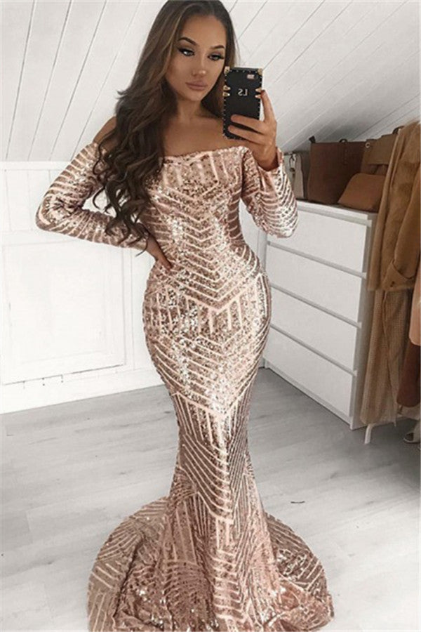 Fashion Champagne Sequins Long Sleeve Off-Shoulder Prom Dress