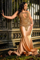 Fashion Gold Sleeveless Mermaid Beadings Prom Dress with Crystal