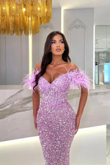 Fashion Lilac Off-The-Shoulder Sweetheart Mermaid Evening Dress With Sequins Feathers