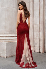 Fashion Red Lace Side Slit Sleeveless Sheer Tulle Prom Dresses