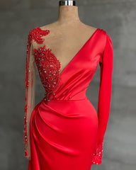 Fashion Red Long Sleeves Crystal Side Slit Ruffles Prom Dress