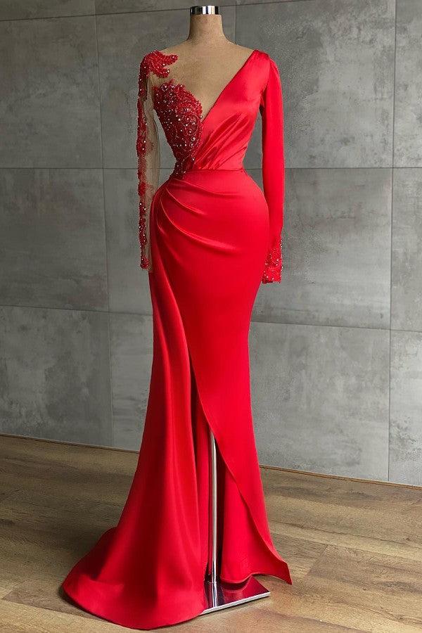 Fashion Red Long Sleeves Crystal Side Slit Ruffles Prom Dress