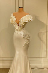 Fashion White Off-Shoulder Pearls Tiered Prom Dress