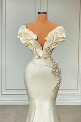 Fashion White Off-Shoulder Pearls Tiered Prom Dress