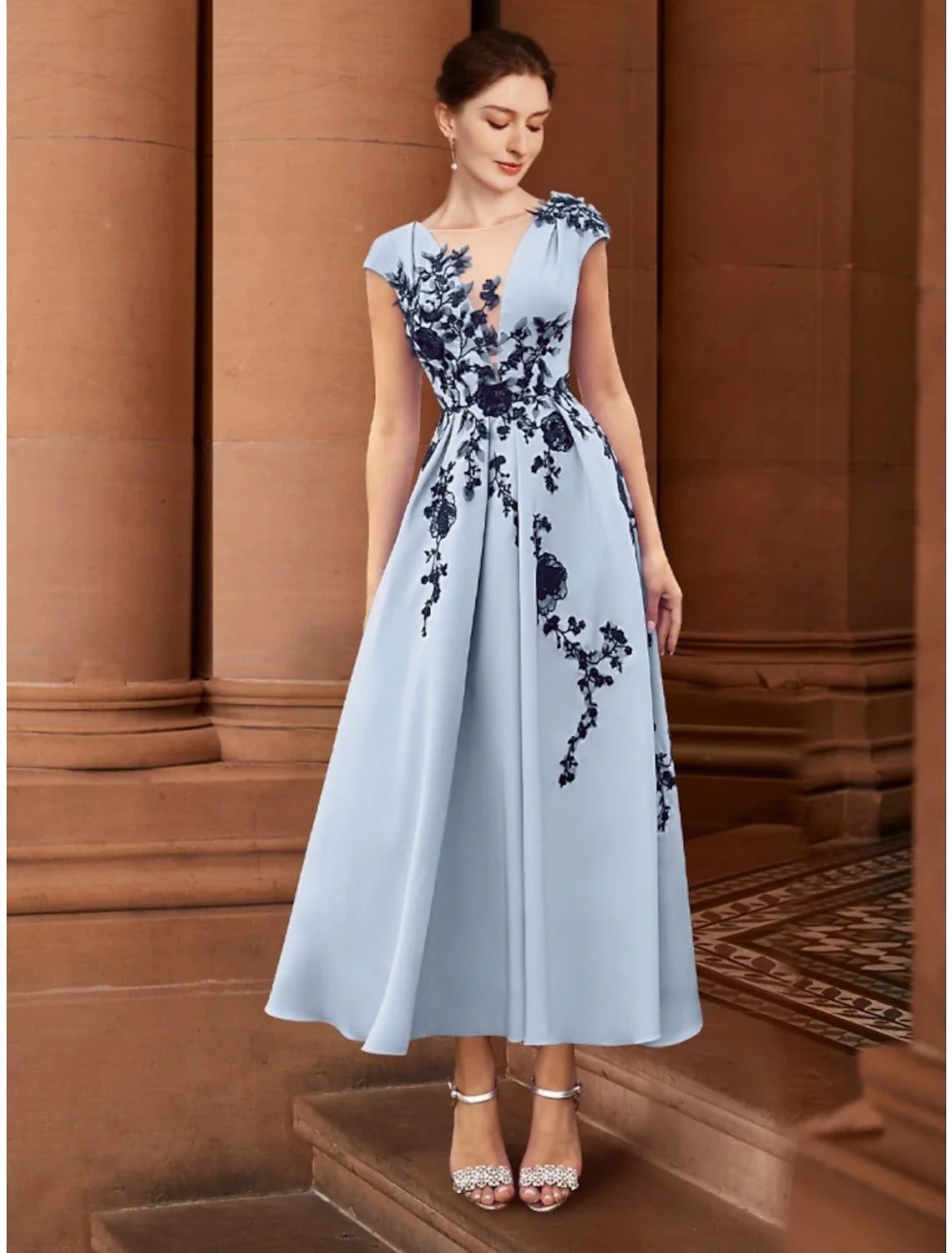 Aimishang A-Line Mother of the Bride Dress Wedding Guest Elegant Illusion Neck Ankle Length Stretch Chiffon Cap Sleeve with Appliques Ruching