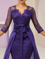 Two Piece Mother of the Bride Dress Formal Wedding Guest Elegant detachable V Neck Knee Length Chiffon Lace Sleeve with Bow(s)
