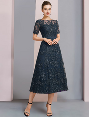 Two Piece A-Line Mother of the Bride Dress Elegant Scoop Neck Short Sleeve with Sequin Appliques