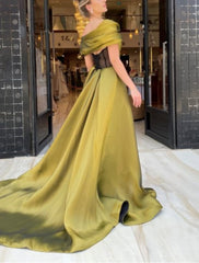 A-Line Evening Gown Sparkle & Shine Dress Formal Wedding Reception Chapel Train Sleeveless Off Shoulder Satin with Ruched Slit