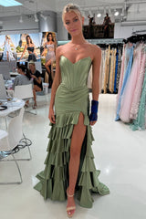 Mermaid Strapless Sage Green Satin Tiered Long Prom Dresses