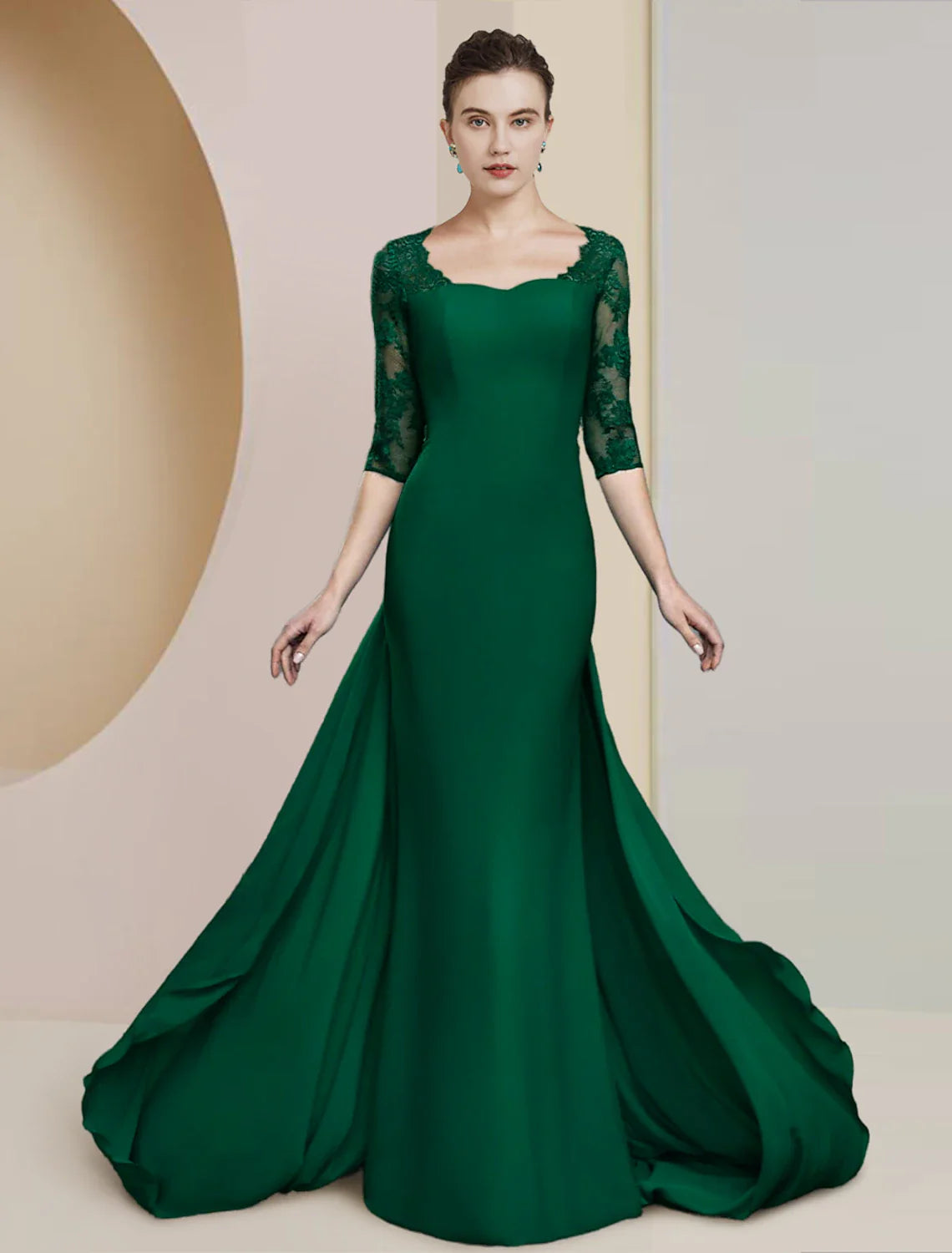 Aimishang  Sheath / Column Mother of the Bride Dress Formal Wedding Guest Elegant Scoop Neck Floor Length Chiffon Lace Half Sleeve with Appliques