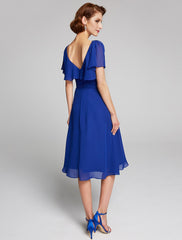 A-Line Mother of the Bride Dress Cowl Neck Knee Length Chiffon Short Sleeve with Ruffles