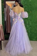 A Line Lavender Tulle V Neck Prom Dresses with Flower Appliques