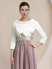 Aimishang  A-Line Mother of the Bride Dress Formal Wedding Guest Elegant High Low Scoop Neck Asymmetrical Tea Length Chiffon Satin Lace 3/4 Length Sleeve with Pleats Appliques Color Block