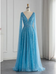 A-Line Evening Gown Sparkle & Shine Dress Formal Fall Sweep / Brush Train Long Sleeve V Neck Sequined with Glitter Pleats