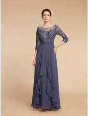 Aimishang  A-Line Mother of the Bride Dress Elegant V Neck Floor Length Chiffon Lace 3/4 Length Sleeve with Ruffles Appliques