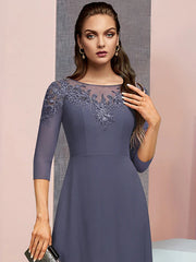 A-Line Mother of the Bride Dress Formal Elegant Jewel Neck Floor Length Chiffon Lace 3/4 Length Sleeve with Sequin