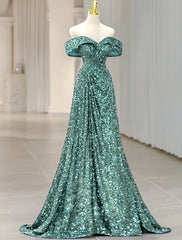 A-Line Evening Gown Sparkle & Shine Dress Formal Wedding Guest Sweep / Brush Train Sleeveless Off Shoulder Sequined with Glitter Sequin