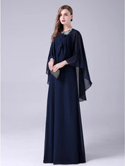 A-Line Mother of the Bride Dress Elegant Sweet Jewel Neck Floor Length Chiffon Sleeveless with Crystals