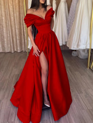 Aimishang A-Line Evening Gown Party Dress Sexy Dress Prom Birthday Floor Length Short Sleeve Off Shoulder Satin with Slit Pure Color