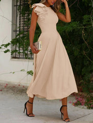 A-Line Cocktail Dresses Minimalist Dress Homecoming Wedding Guest Ankle Length Sleeveless Jewel Neck Fall Wedding Guest  Fabric with Ruffles Pure Color