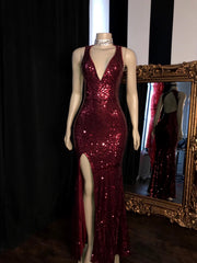 2024 Long Mermaid Burgundy Sequin Prom Dresses Glitter Split Evening Gown