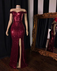 2024 Long Mermaid Burgundy Sequin Prom Dresses Glitter Split Evening Gown