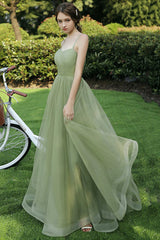 Green Spaghetti Strap Tulle Long Prom Dress, A-Line Evening Party Dress