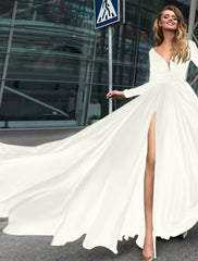 A-Line Evening Gown Empire Black Dress Plus Size Holiday Wedding Guest Floor Length Long Sleeve V Neck Chiffon V Back with Slit Pure Color