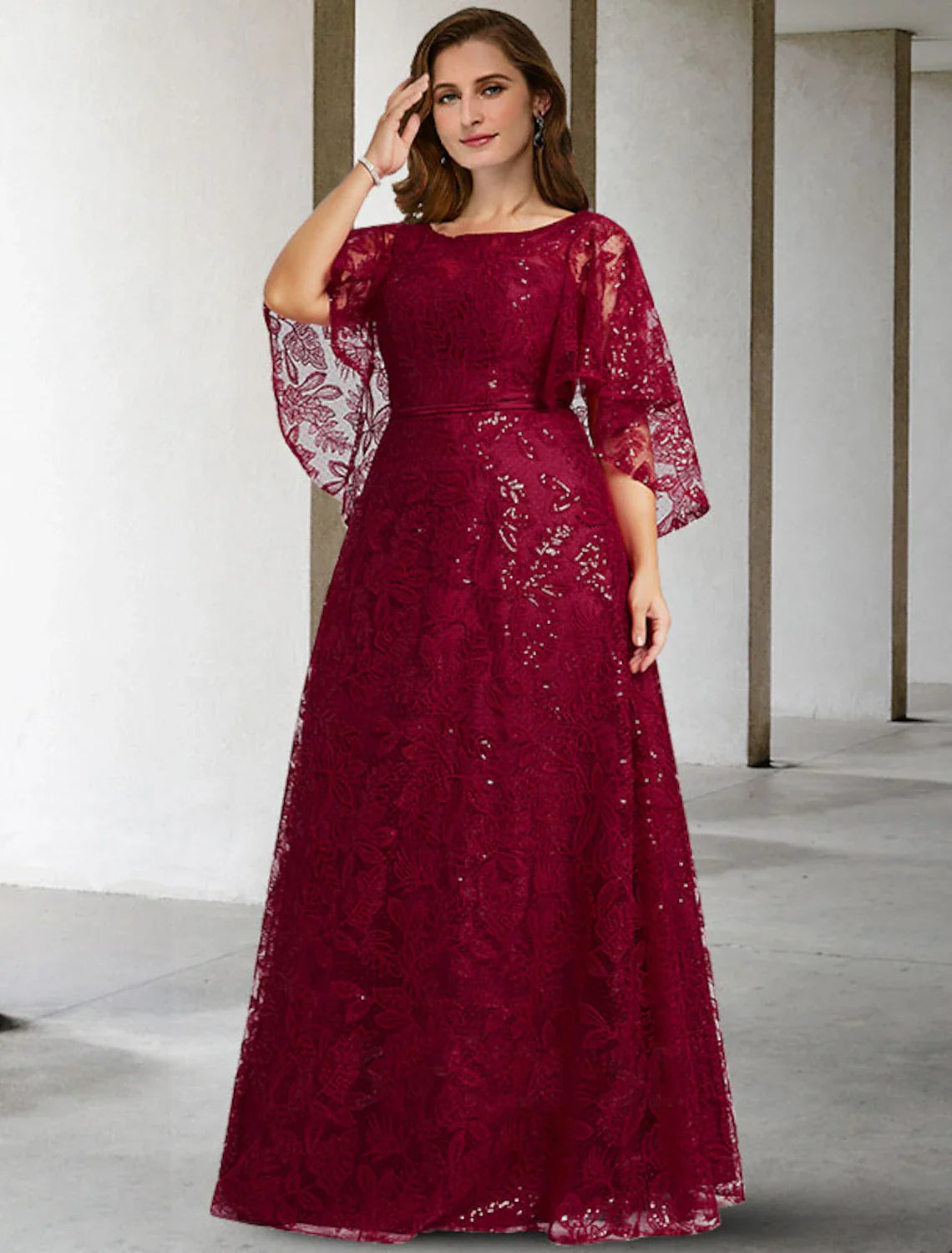 Aimishang A-Line Mother of the Bride Dress Plus Size Hide Belly Elegant Jewel Neck Floor Length Lace Half Sleeve No with Sequin Appliques