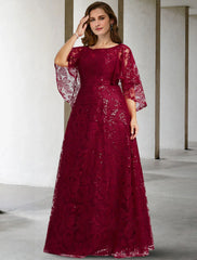 Aimishang A-Line Mother of the Bride Dress Plus Size Hide Belly Elegant Jewel Neck Floor Length Lace Half Sleeve No with Sequin Appliques