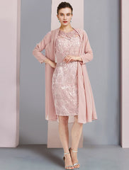 Aimishang  Two Piece Sheath / Column Mother of the Bride Dress Formal Wedding Guest Elegant Scoop Neck Knee Length Chiffon Lace Sleeveless Jacket Dresses with Beading Appliques