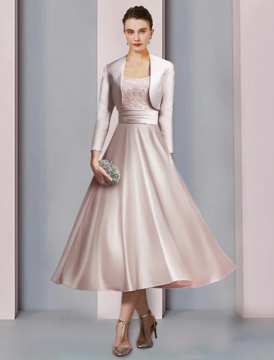 Wholesa Two Piece A-Line Mother of the Bride Dress Formal Church Party Elegant Scoop Neck Tea Length Satin Lace Half Sleeve with Appliques Ruching