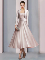Wholesa Two Piece A-Line Mother of the Bride Dress Formal Church Party Elegant Scoop Neck Tea Length Satin Lace Half Sleeve with Appliques Ruching