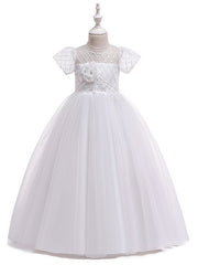 Flower Girl Dress with Bow Appliques - Short Sleeves Ball Gown Floor Length
