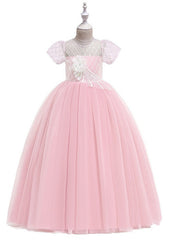 Flower Girl Dress with Bow Appliques - Short Sleeves Ball Gown Floor Length
