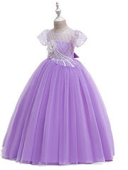 Flower Girl Dress with Bow Appliques - Short Sleeves Ball Gown Floor Length