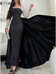 Sheath Evening Gown Elegant Dress Formal Floor Length Black Dress Carival Long Sleeve Scoop Neck Satin with Pleats Sequin
