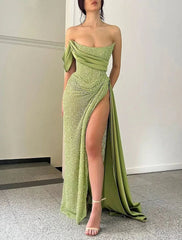 Mermaid / Trumpet Evening Gown Sparkle & Shine Dress Formal Wedding Court Train Sleeveless Strapless Satin with Sequin Slit 2025