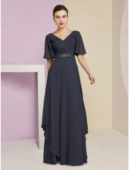 Aimishang  A-Line Mother of the Bride Dress Wedding Guest Elegant V Neck Floor Length Chiffon Short Sleeve with Crystal Brooch Ruching