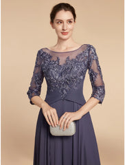Aimishang A-Line Mother of the Bride Dress Wedding Guest Elegant Scoop Neck Floor Length Chiffon Lace 3/4 Length Sleeve with Ruching Solid Color
