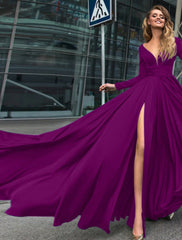 A-Line Evening Gown Empire Black Dress Plus Size Holiday Wedding Guest Floor Length Long Sleeve V Neck Chiffon V Back with Slit Pure Color