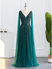 A-Line Evening Gown Sparkle & Shine Dress Formal Fall Sweep / Brush Train Long Sleeve V Neck Sequined with Glitter Pleats