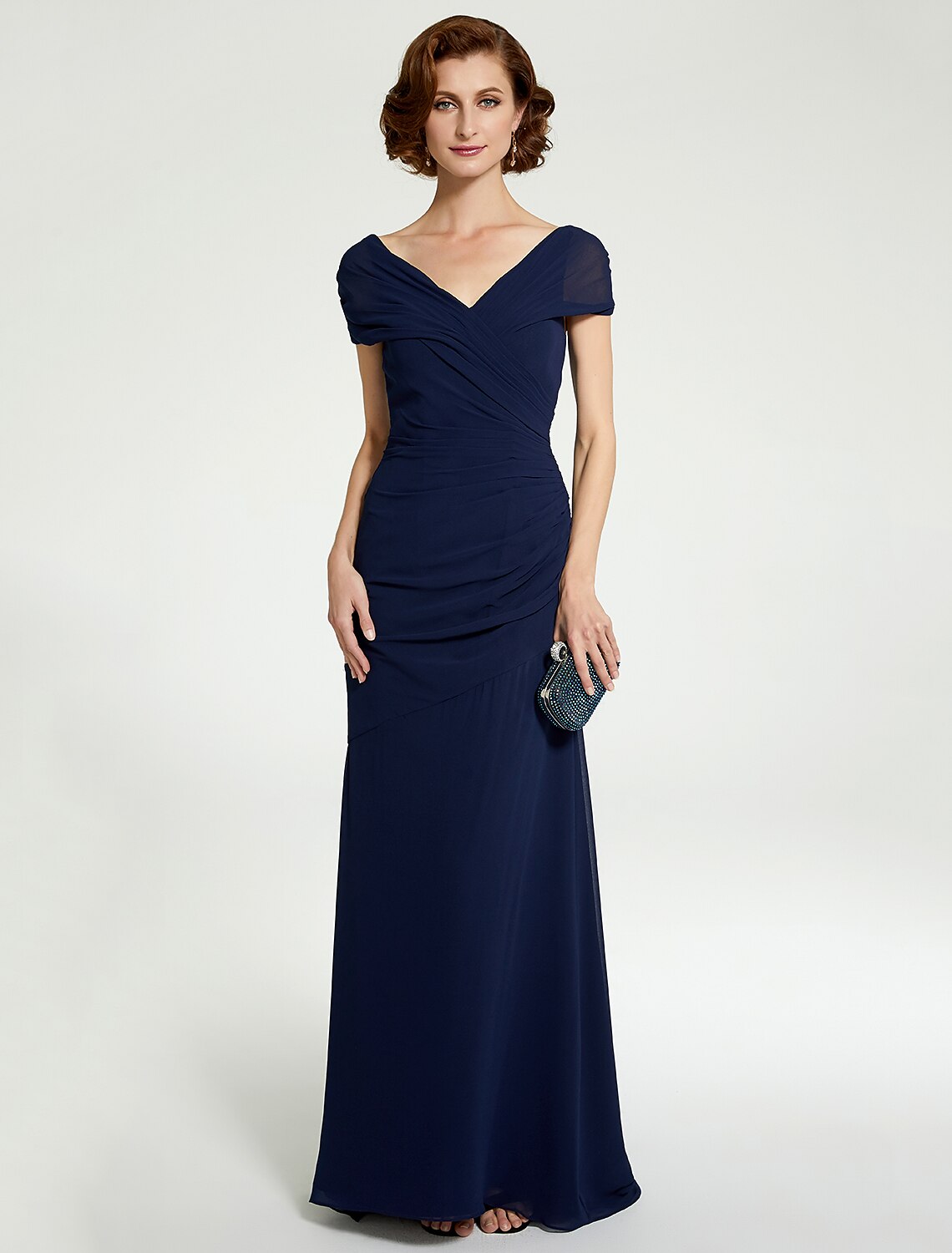 Aimishang A-Line Mother of the Bride Dress V Neck Floor Length Chiffon Sleeveless with Lace Ruching
