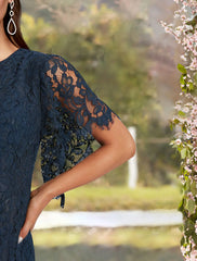 Aimishang  Sheath / Column Mother of the Bride Dress Wedding Guest Elegant Jewel Neck Tea Length Lace Short Sleeve with Solid Color