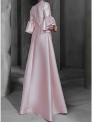 Aimishang A-Line Prom Dresses Elegant Dress Wedding Guest Prom Floor Length Long Sleeve High Neck Satin with Sash / Ribbon Buttons Ruffles Evening Dresses