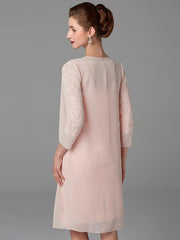 Two Piece Sheath / Column Mother of the Bride Dress Church Sparkle & Shine Jewel Neck Knee Length Chiffon Lace 3/4 Length Sleeve Jacket Dresses with Beading