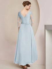 A-Line Mother of the Bride Dress Party Elegant V Neck Asymmetrical Lace Stretch Chiffon 3/4 Length Sleeve with Pleats