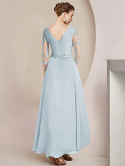 A-Line Mother of the Bride Dress Party Elegant V Neck Asymmetrical Lace Stretch Chiffon 3/4 Length Sleeve with Pleats Ruching