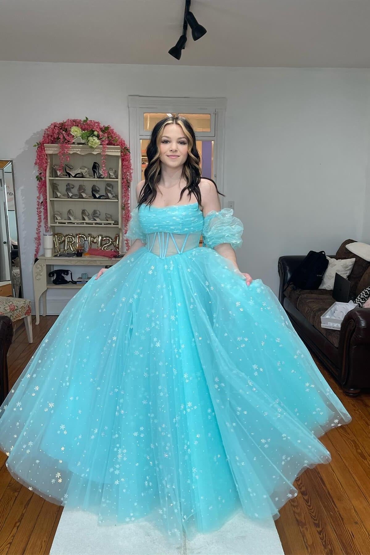 A Line Sparkly Blue Tulle Long Sweetheart Prom Dresses