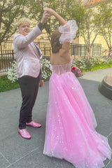 A Line Sparkly Blue Tulle Long Sweetheart Prom Dresses